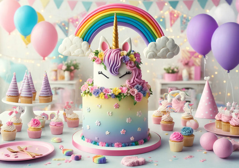 gateau d'anniversaire et décoration sur le thème licorne